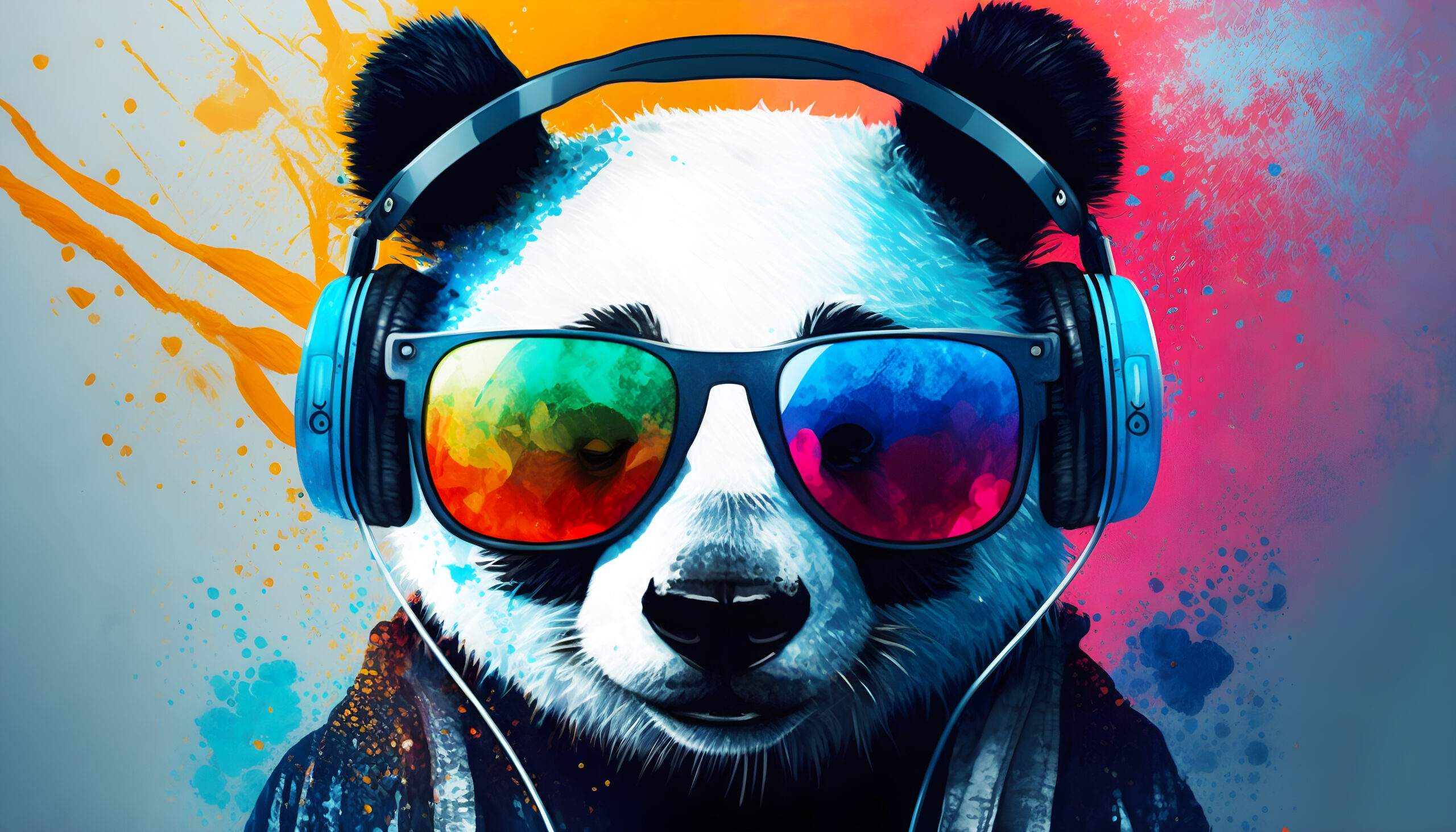Bunter Panda mit Kopfhörern und Sonnenbrille